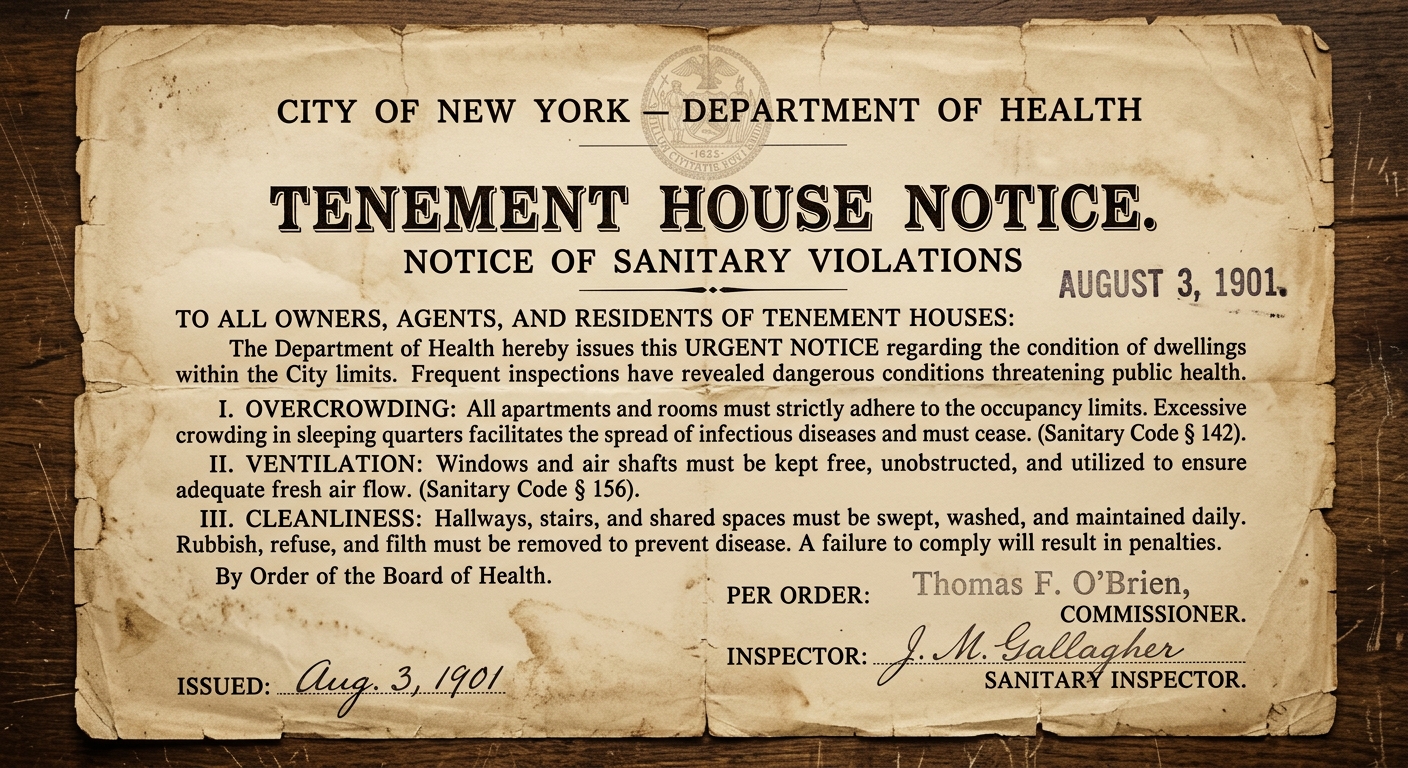 A sepia-toned 1901 New York City Department of Health tenement notice about overcrowding, ventilation, cleanliness, and disease prevention, with a faint city seal and an inspector signature line.