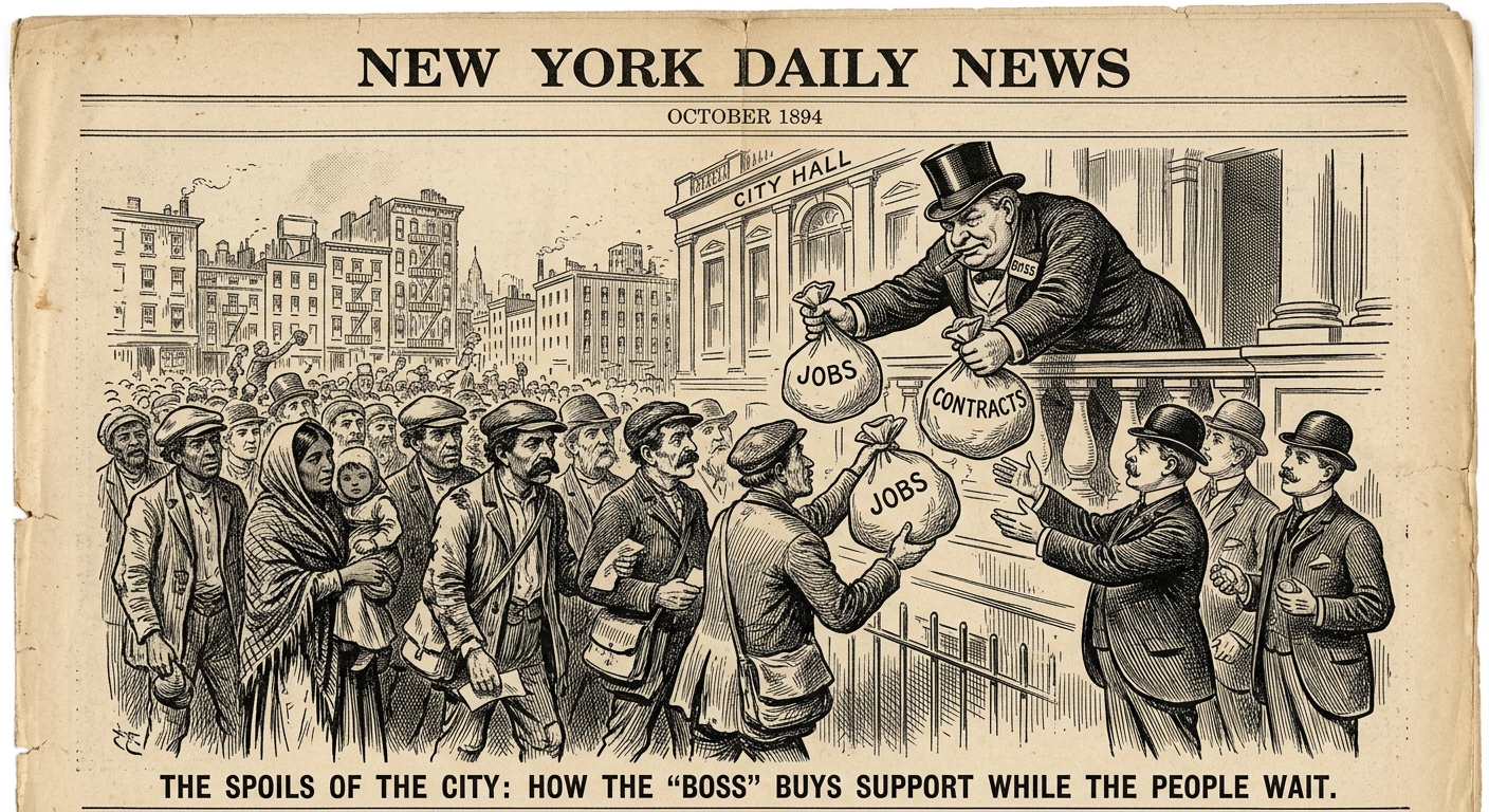 A black-and-white 1894 New York City newspaper political cartoon showing a "Boss" at City Hall handing out bags labeled "Jobs" and "Contracts" to insiders while immigrants and workers wait in a crowded line, suggesting political corruption.