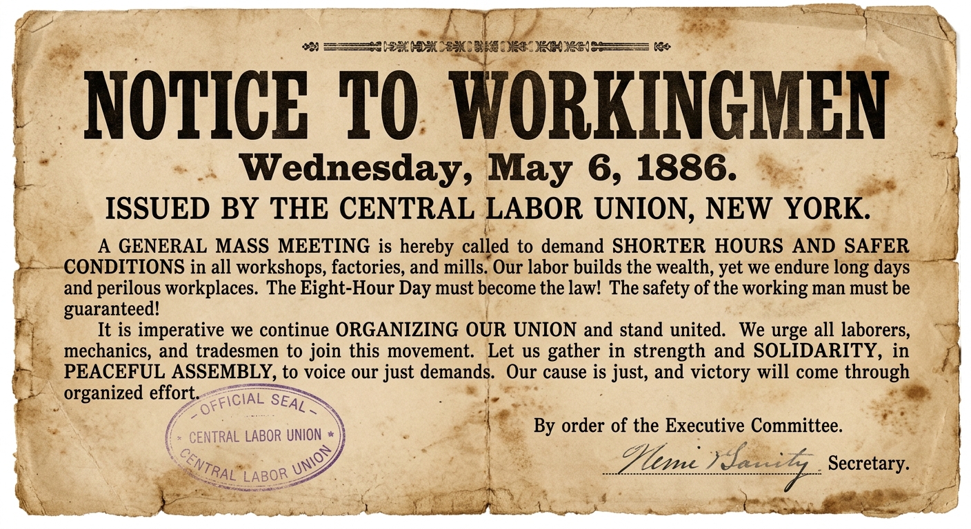 A sepia-toned 1886 New York labor leaflet titled "Notice to Workingmen" calling for an organized meeting to demand shorter hours and safer factory conditions, mentioning union organizing and peaceful assembly, with a stamp and signature line.