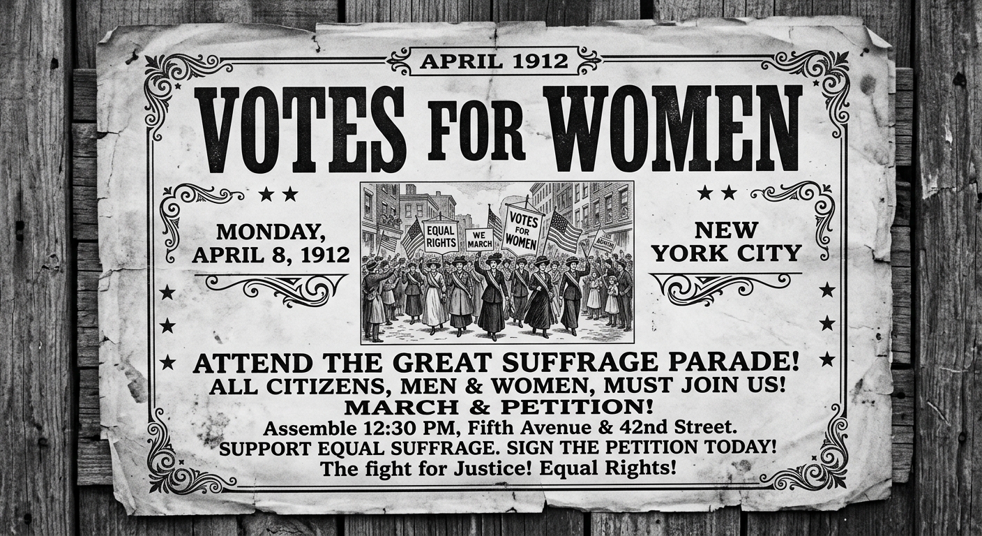 Black-and-white 1912-style poster reading "Votes for Women" announcing a New York suffrage parade and petition drive, with decorative border and small illustration of marchers.