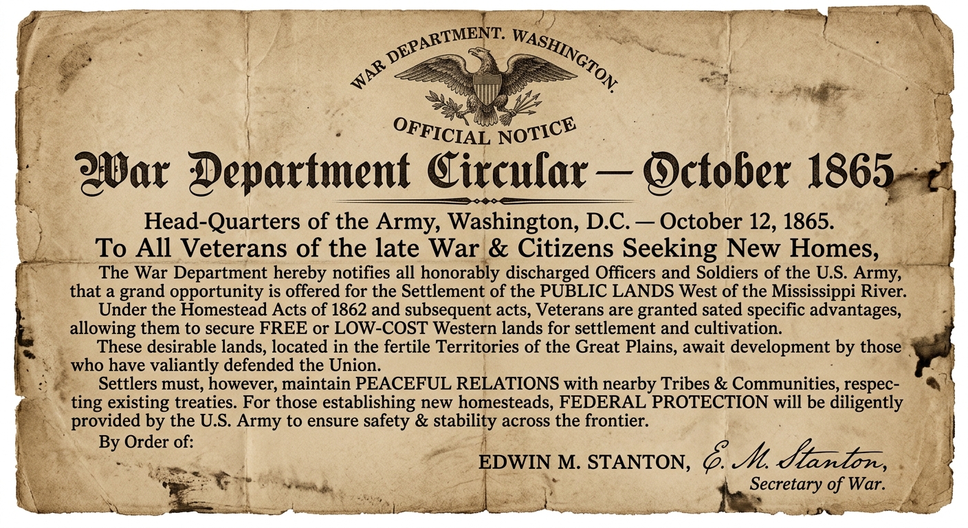 Sepia-toned 1865-style War Department circular about veterans settling western public lands, with an eagle seal and signature line.