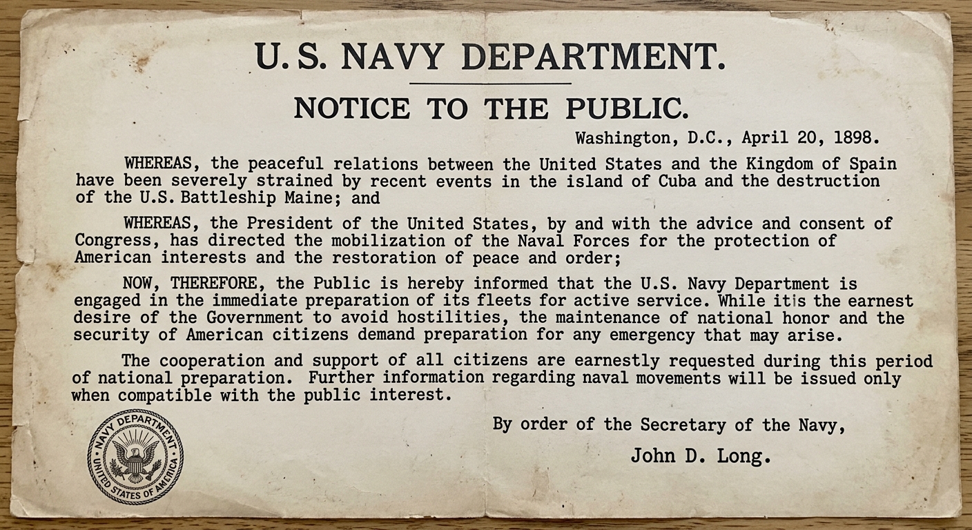 Sepia-toned April 1898 Navy Department public notice about preparing naval forces related to tensions with Spain in Cuba.