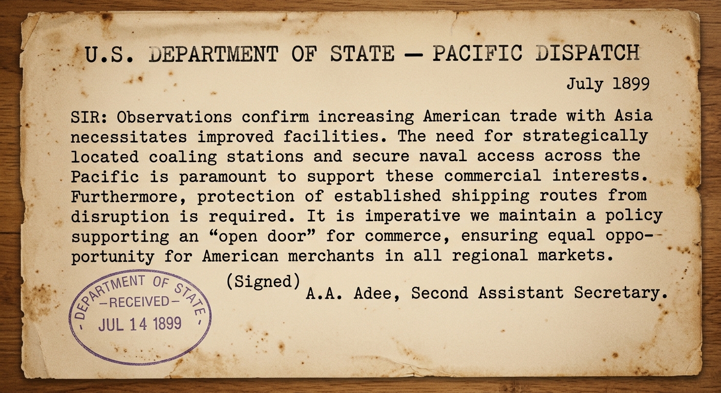 Sepia-toned 1899 State Department dispatch about expanding Pacific trade, needing coaling stations, and protecting shipping routes.