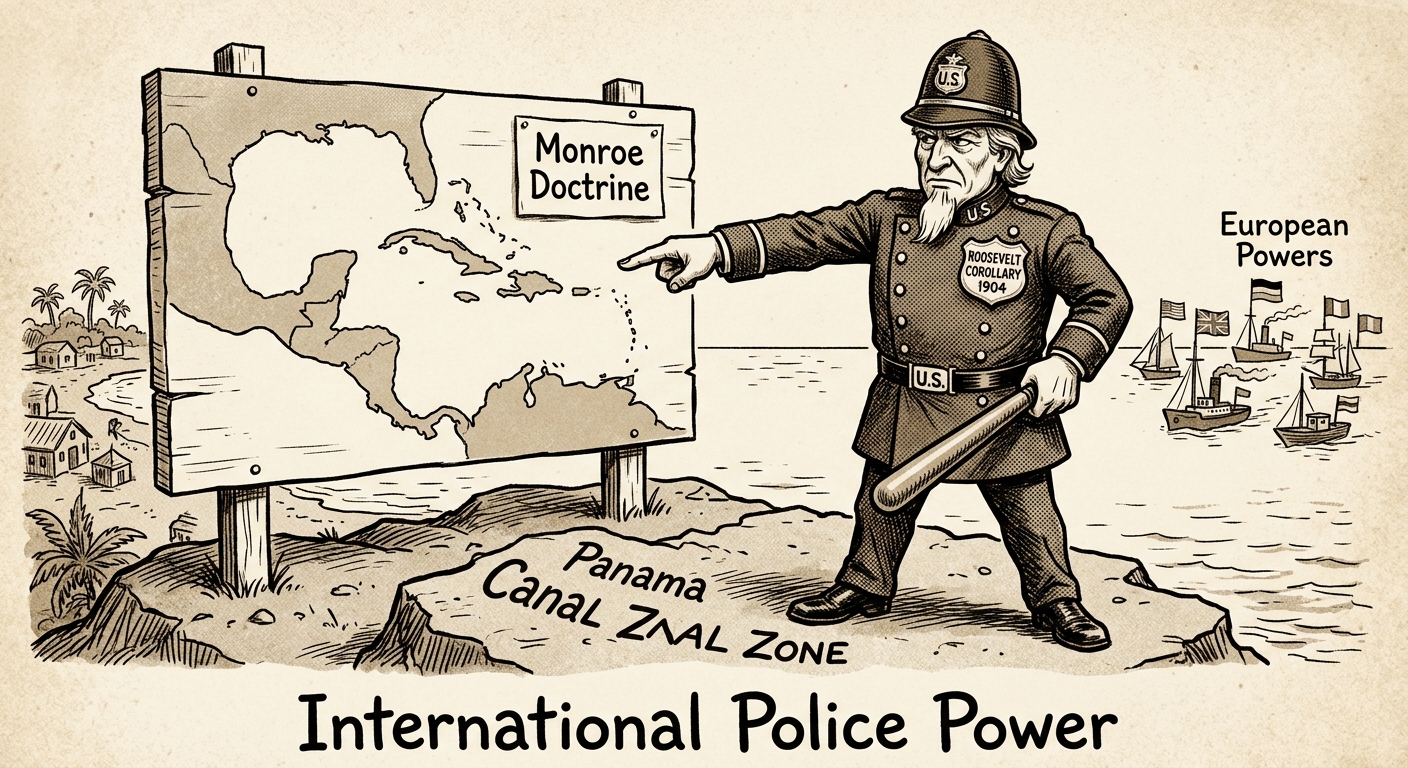 Sepia-toned political cartoon showing Uncle Sam enforcing the Roosevelt Corollary as an international police power in the Caribbean, keeping European powers away.