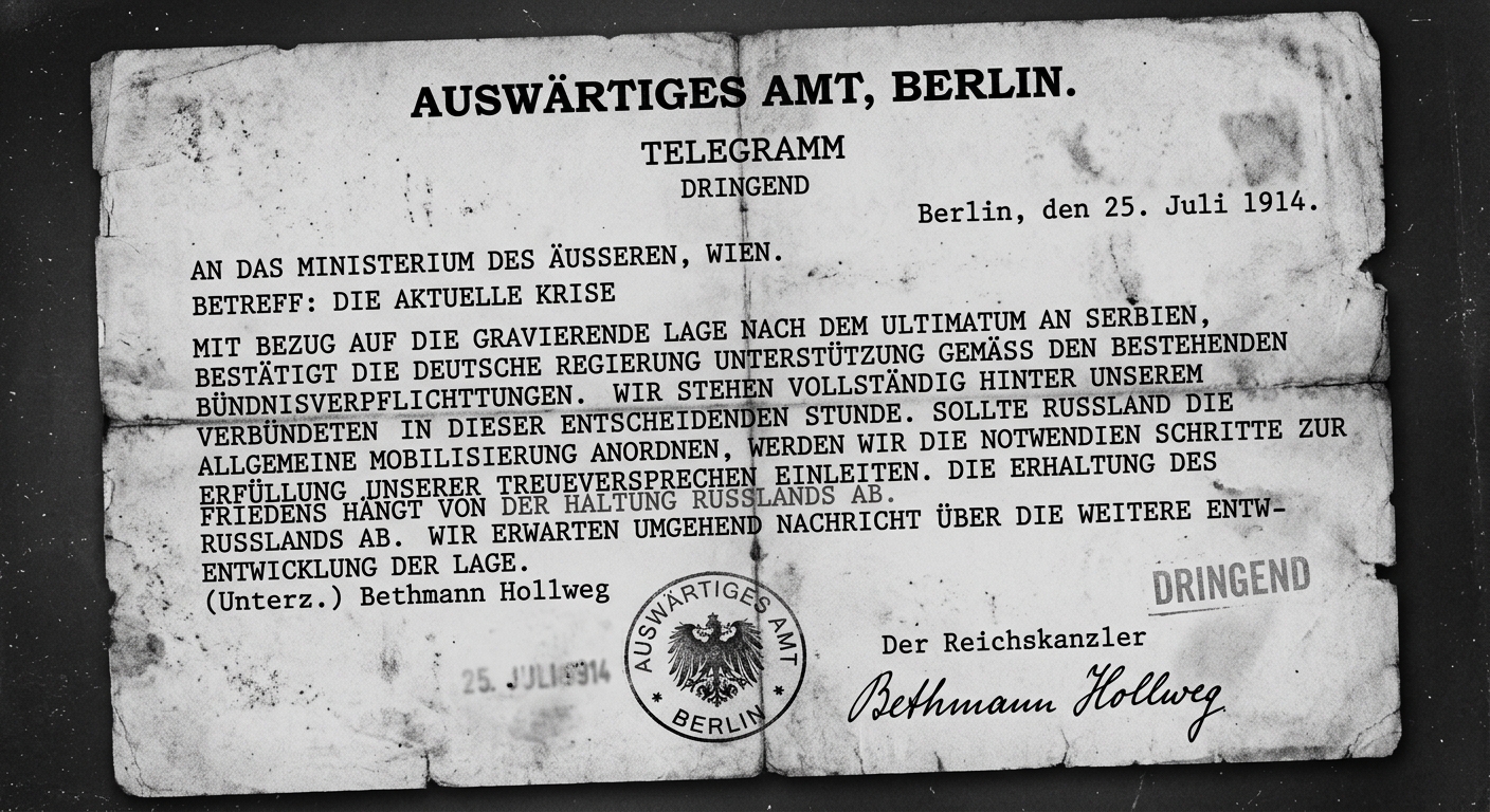 Simulated black-and-white scan of a July 25, 1914 diplomatic telegram mentioning alliance obligations and mobilization, with stamps and a signature line.
