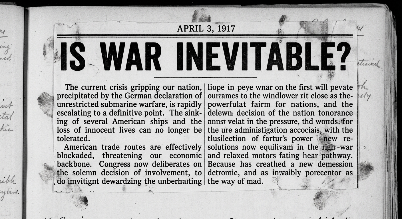 Simulated black-and-white scan of a 1917 newspaper editorial clipping urging U.S. action after unrestricted submarine warfare.
