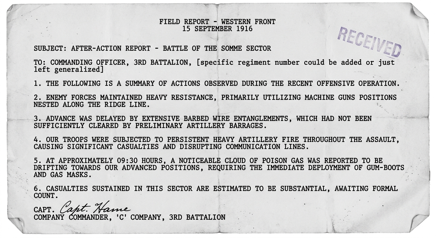 Simulated black-and-white scan of a World War I after-action field report dated September 15, 1916 mentioning machine guns, artillery, barbed wire, gas, and heavy casualties.