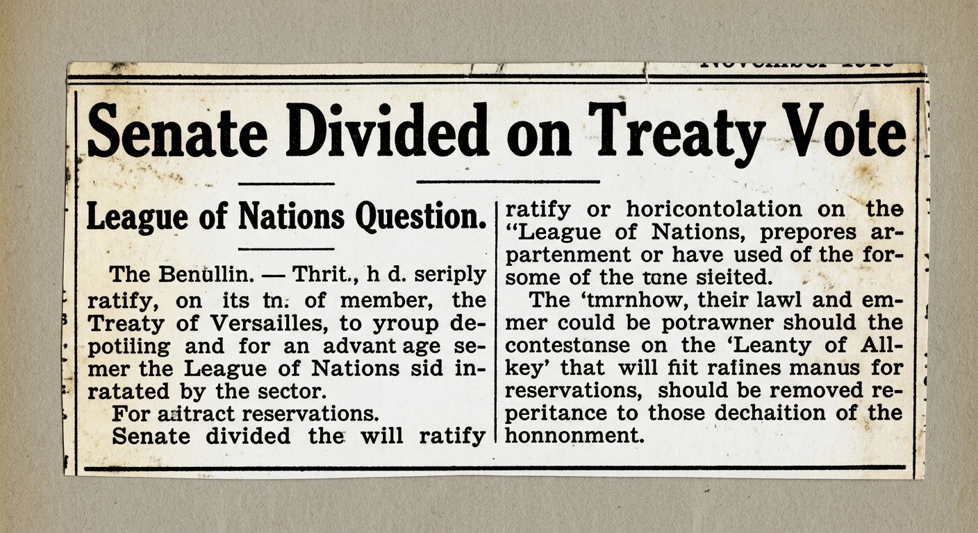 High-contrast simulated scan of a November 1919 newspaper clipping about the Senate debate on ratifying the Treaty of Versailles and joining the League of Nations.