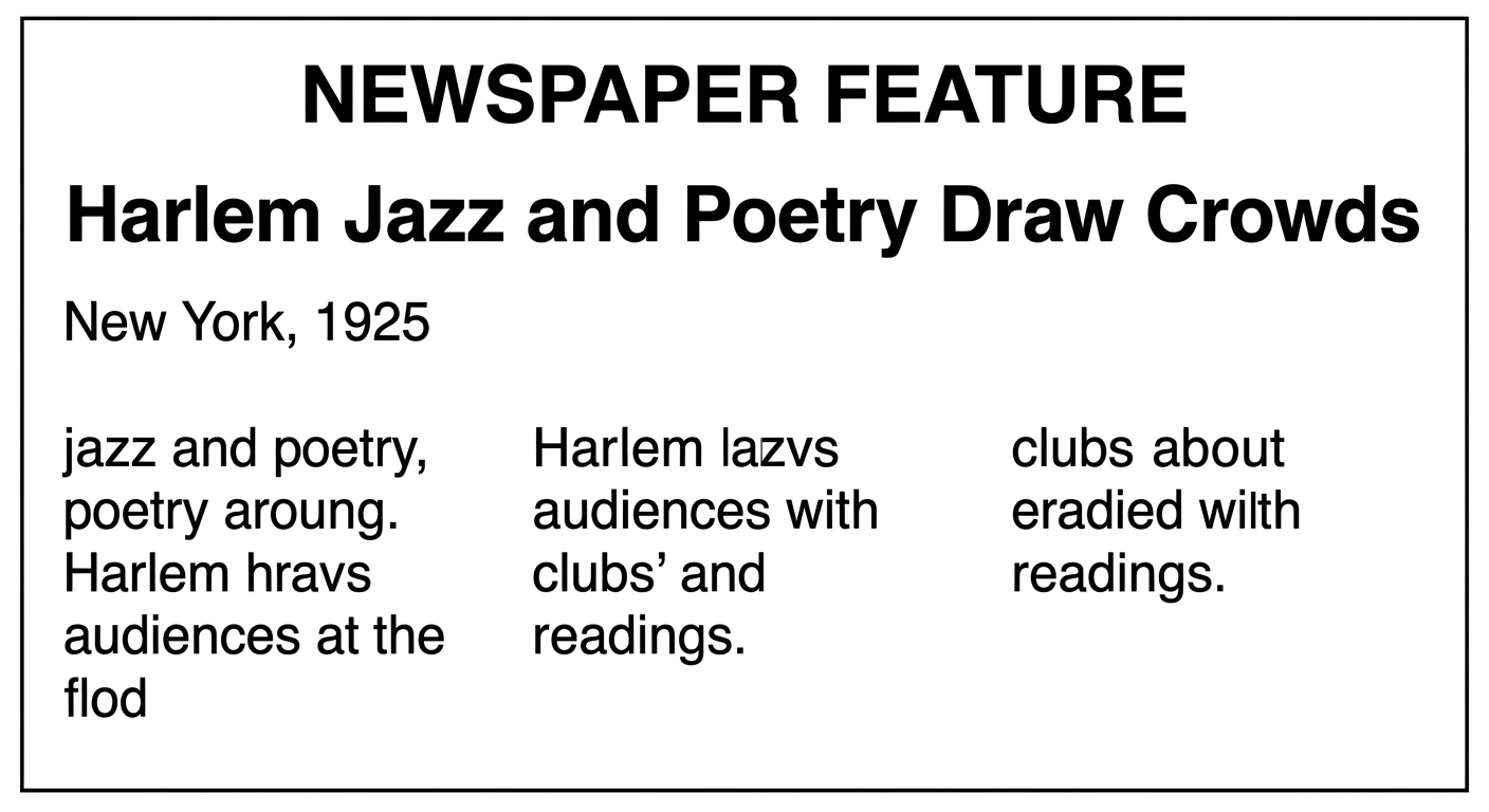Simple black-and-white simulated 1925 newspaper feature page about Harlem jazz, poetry readings, and growing audiences.