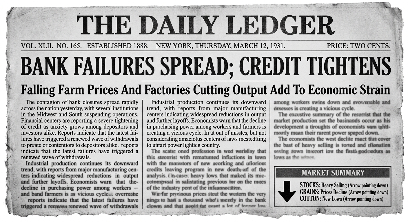 Black-and-white newspaper clipping dated March 12, 1931 with the headline "Bank Failures Spread; Credit Tightens" and a small "Market Summary" box.