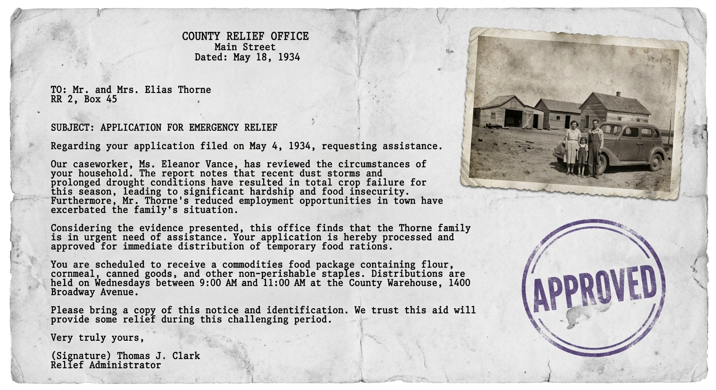 Black-and-white relief office letter dated May 18, 1934 about a family seeking assistance after dust storms, with a small dusty farm photo inset and an "APPROVED" stamp.