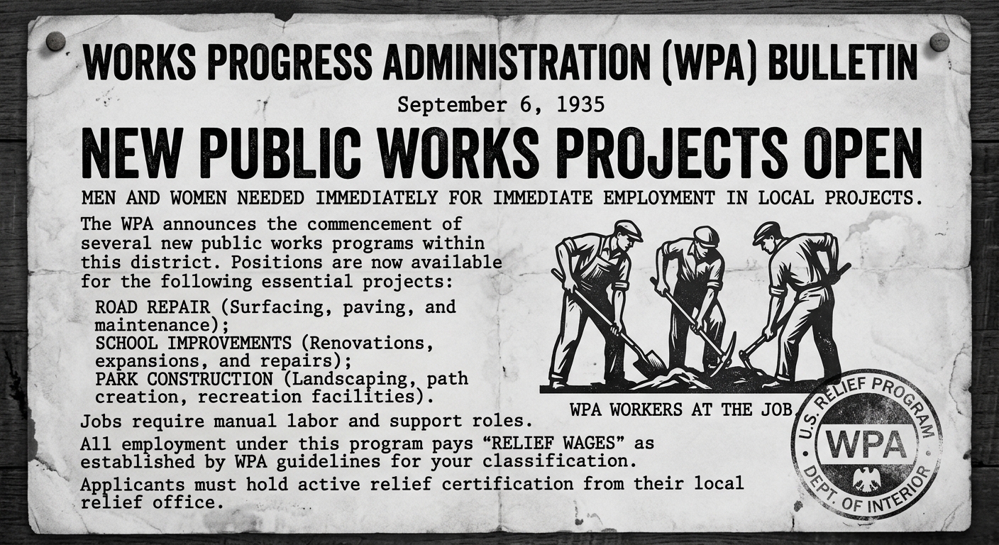 Black-and-white WPA-style bulletin dated September 6, 1935 announcing new public works projects and relief jobs, with a small worker graphic.