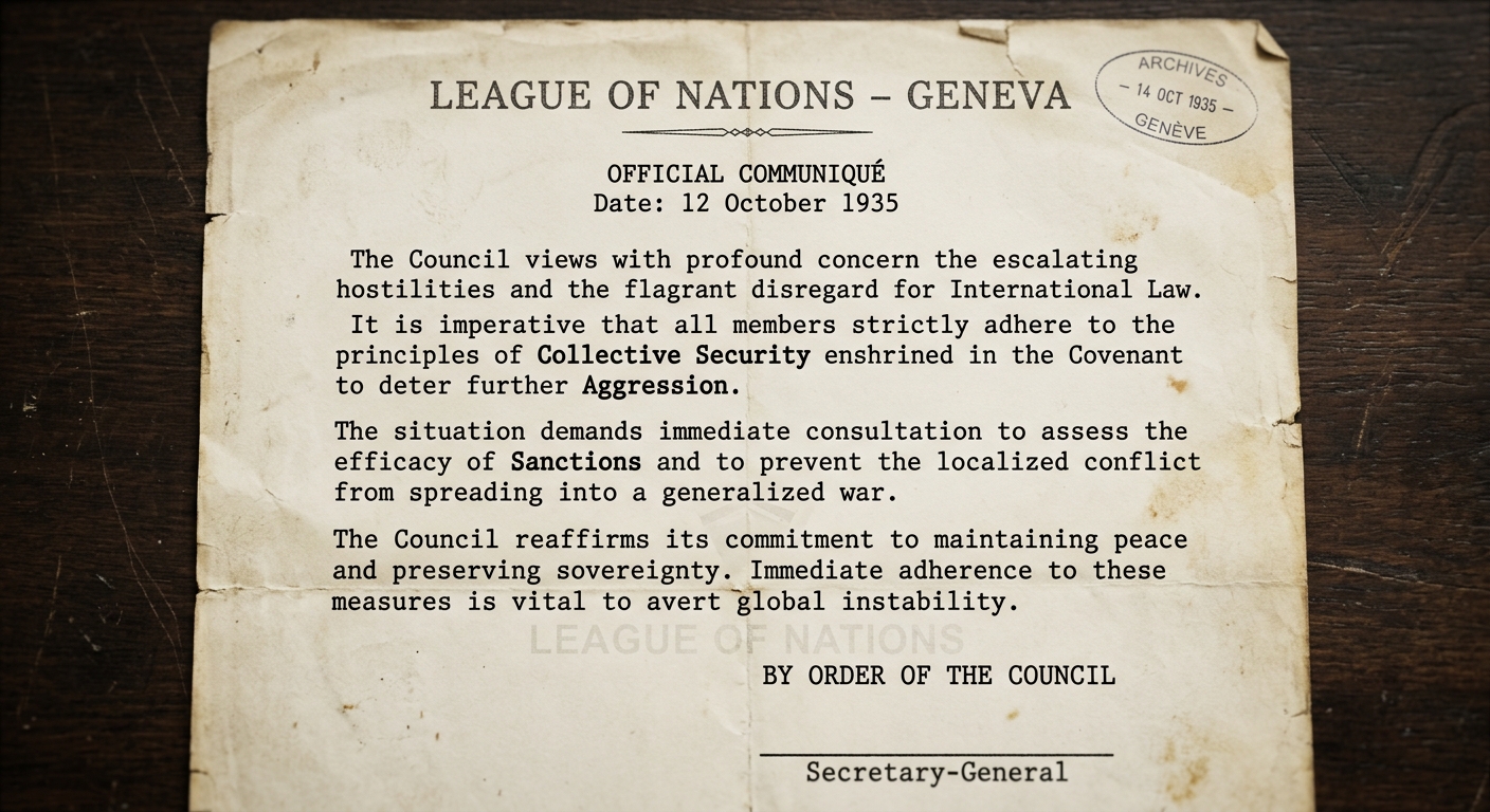 Black-and-white typewritten League of Nations communiqué dated October 12, 1935, with letterhead from Geneva, mentioning collective security, sanctions, and concern about aggression spreading conflict.