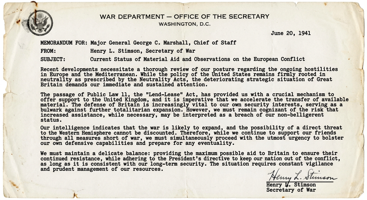 Black-and-white typewritten U.S. War Department memorandum dated June 20, 1941, mentioning neutrality, aid to Britain through Lend-Lease, and concern about the expanding war.