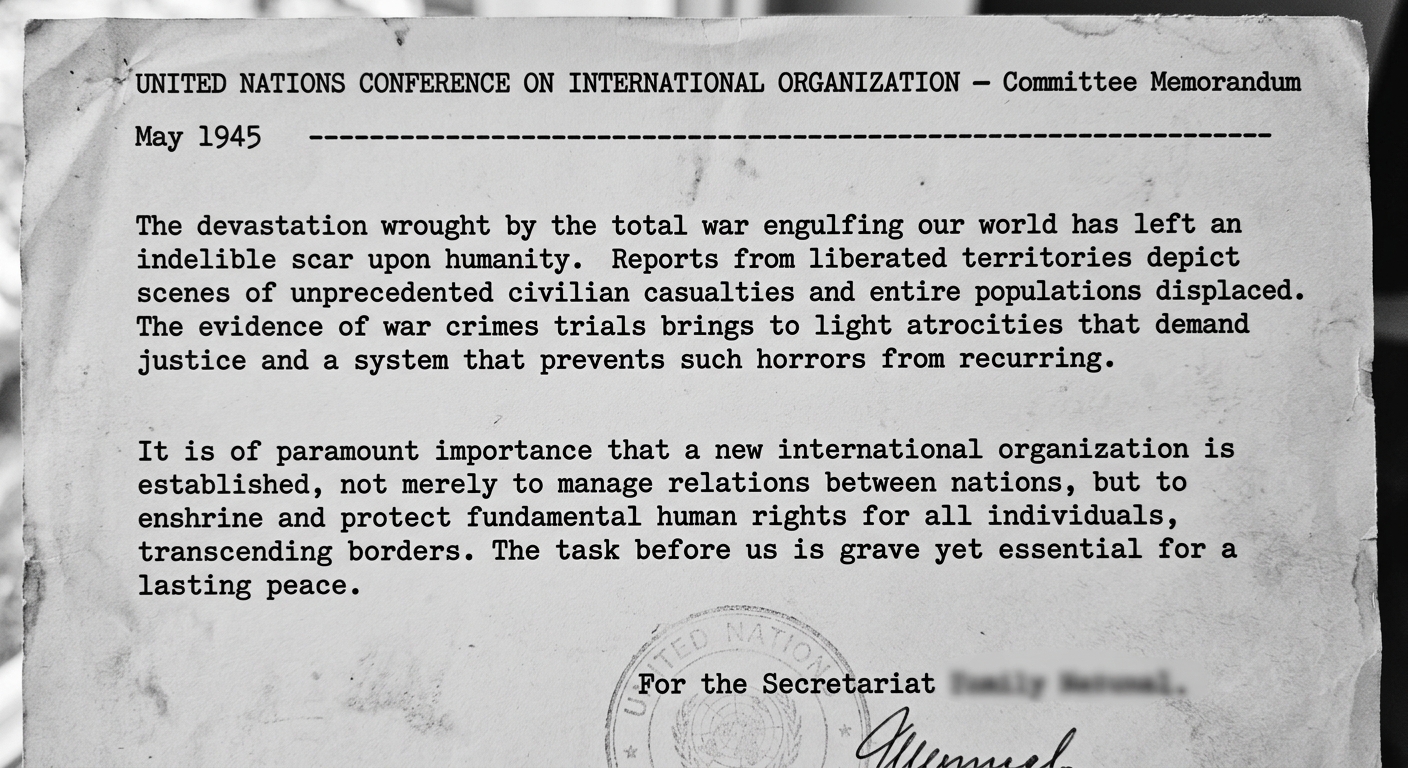 Black-and-white typewritten 1945 committee memorandum from a United Nations conference, discussing the devastation of total war, displaced persons, and the need for an international organization and human rights protections.