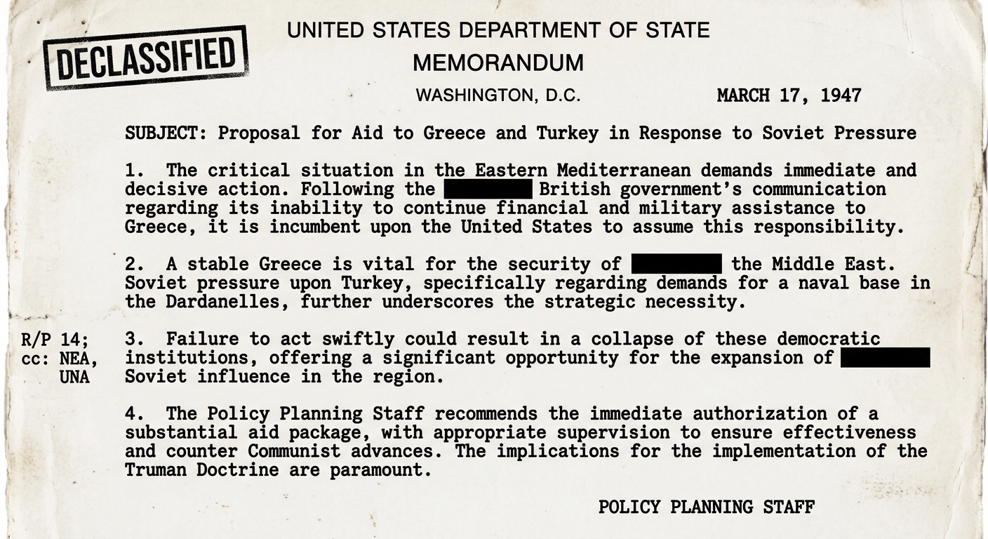 A scanned, declassified-style U.S. Department of State memorandum dated March 17, 1947 about aid to Greece and Turkey and concerns about Soviet pressure, with typed text and a few black redaction bars.