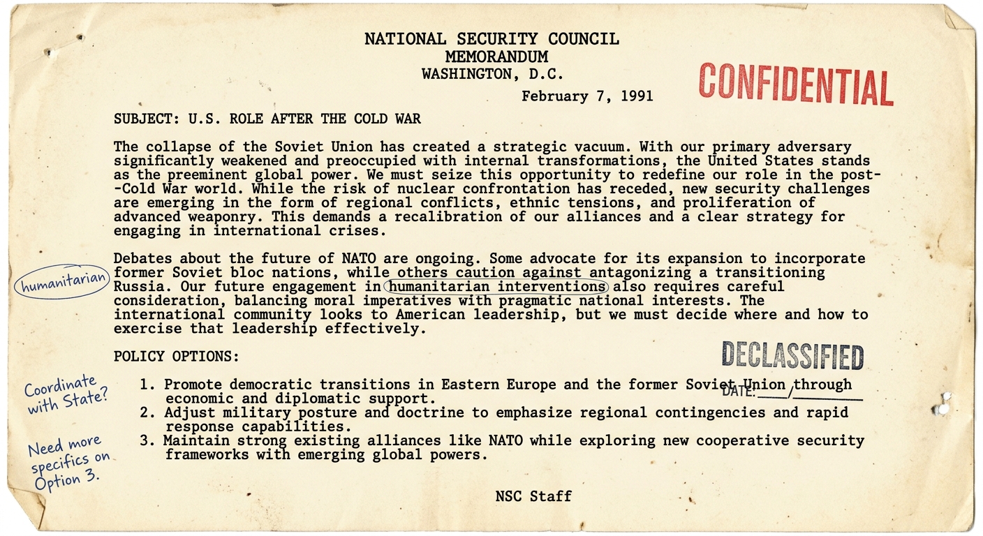 A scanned, declassified-style National Security Council memorandum dated February 7, 1991 about the U.S. role after the Cold War, including policy options and references to NATO and new global challenges.