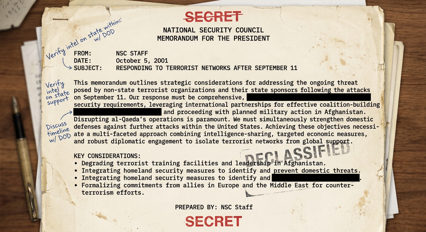 A scanned, declassified-style National Security Council memorandum dated October 5, 2001 about responding to non-state terrorist networks after September 11, including coalition-building and policy considerations.