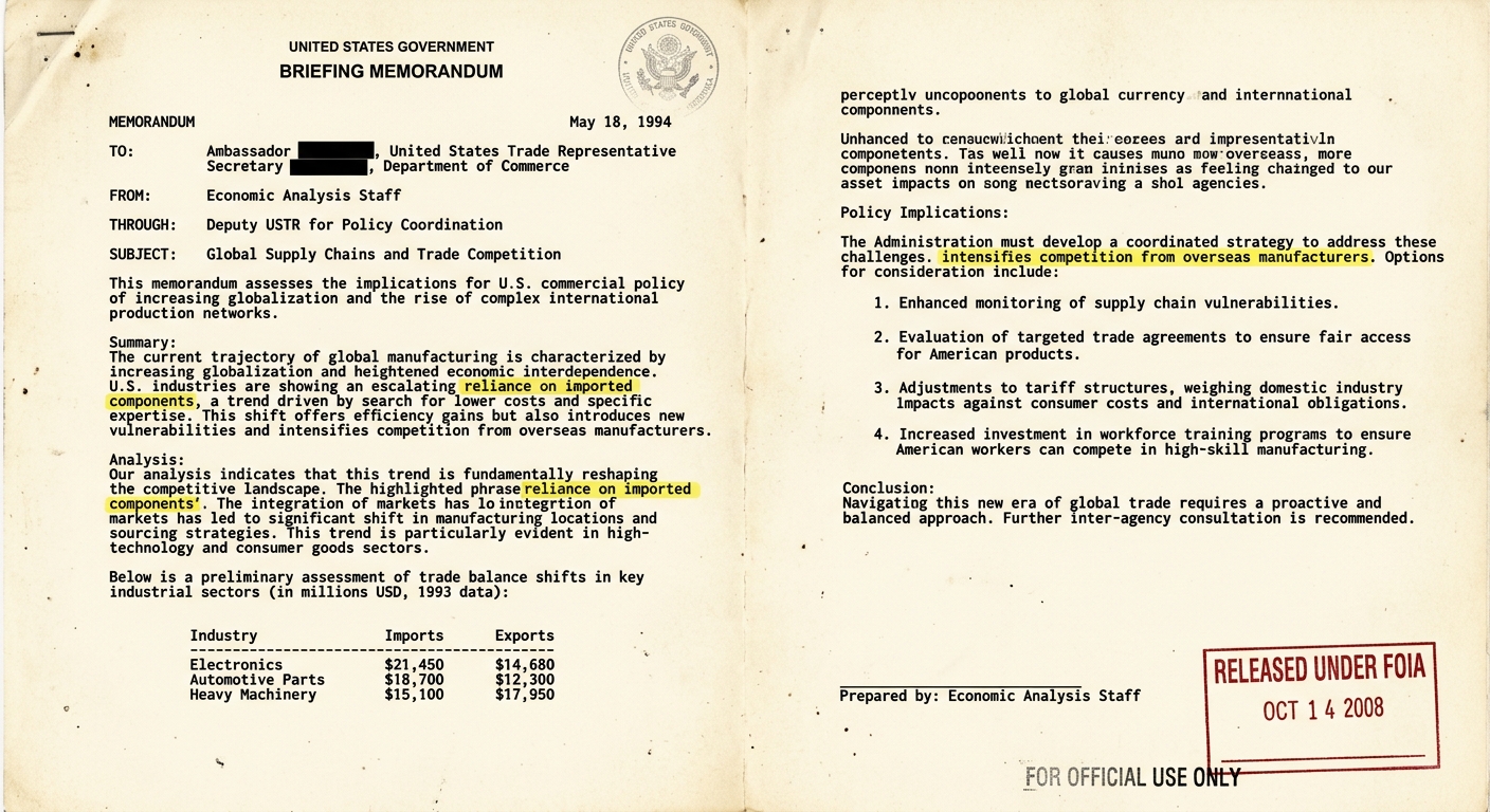 A scanned U.S. government trade briefing memo dated May 18, 1994 about globalization, economic interdependence, and trade competition, including a small table and policy options.