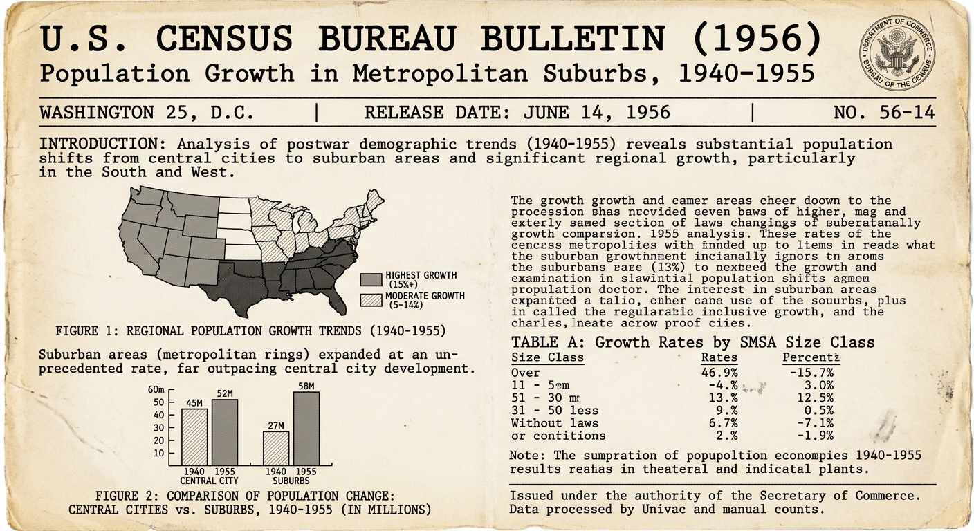 Black-and-white 1956-style Census Bureau bulletin showing a U.S. map and small bar chart comparing suburban and central-city population growth from 1940 to 1955.