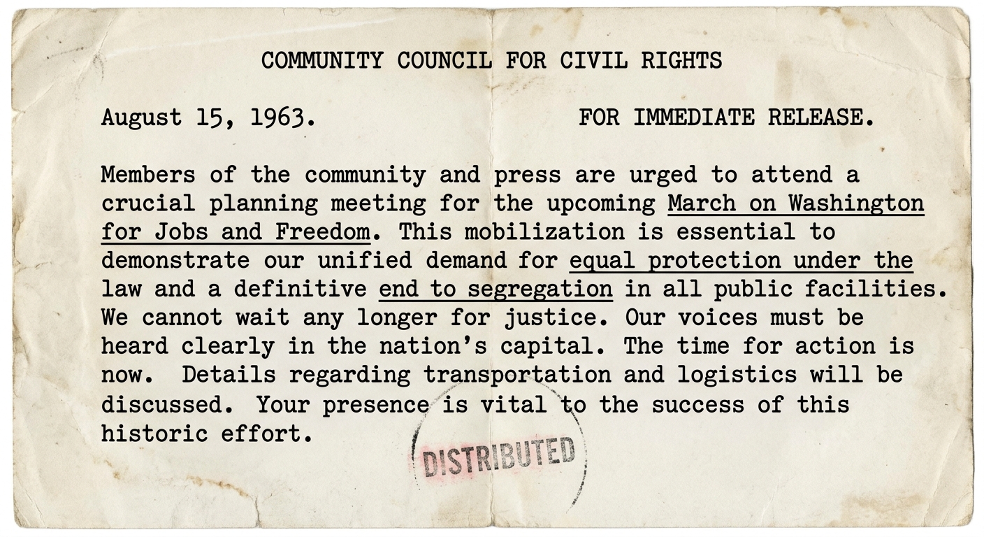 Black-and-white leaflet dated August 15, 1963, calling for a Washington march and equal rights under the law.
