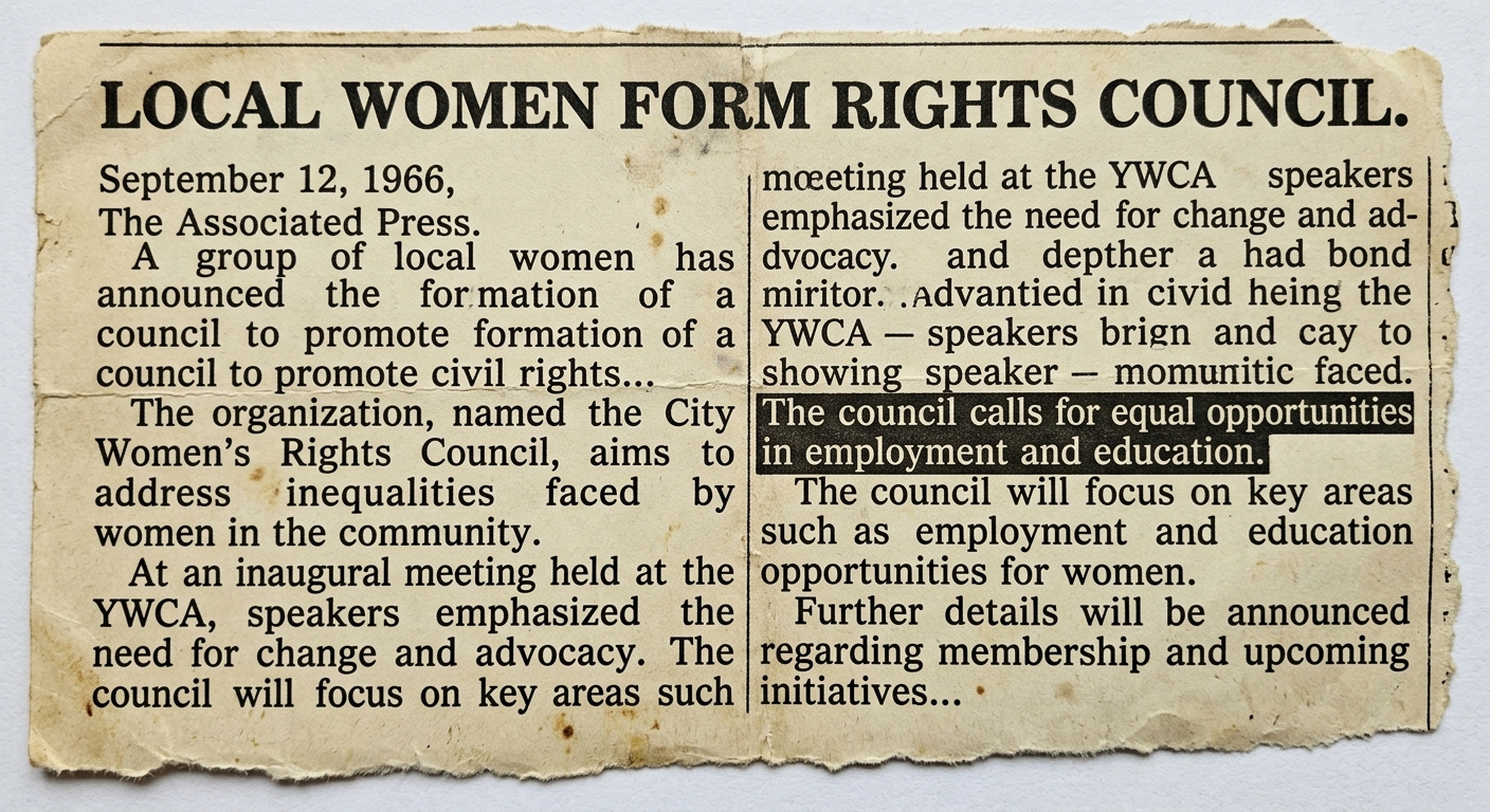 Black-and-white 1966 newspaper clipping about a local women’s rights council calling for equal opportunities.