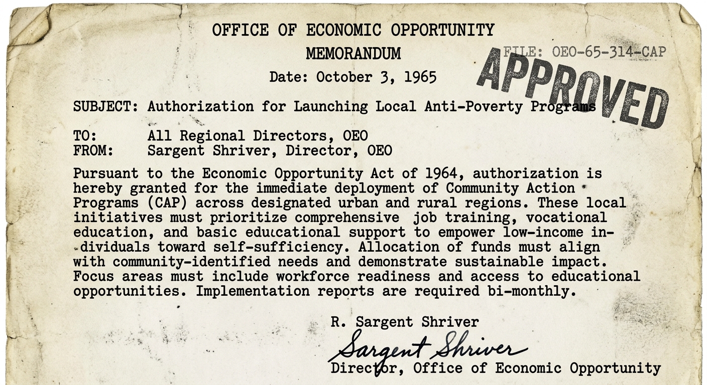 Black-and-white 1965 memo about launching anti-poverty programs and community action.