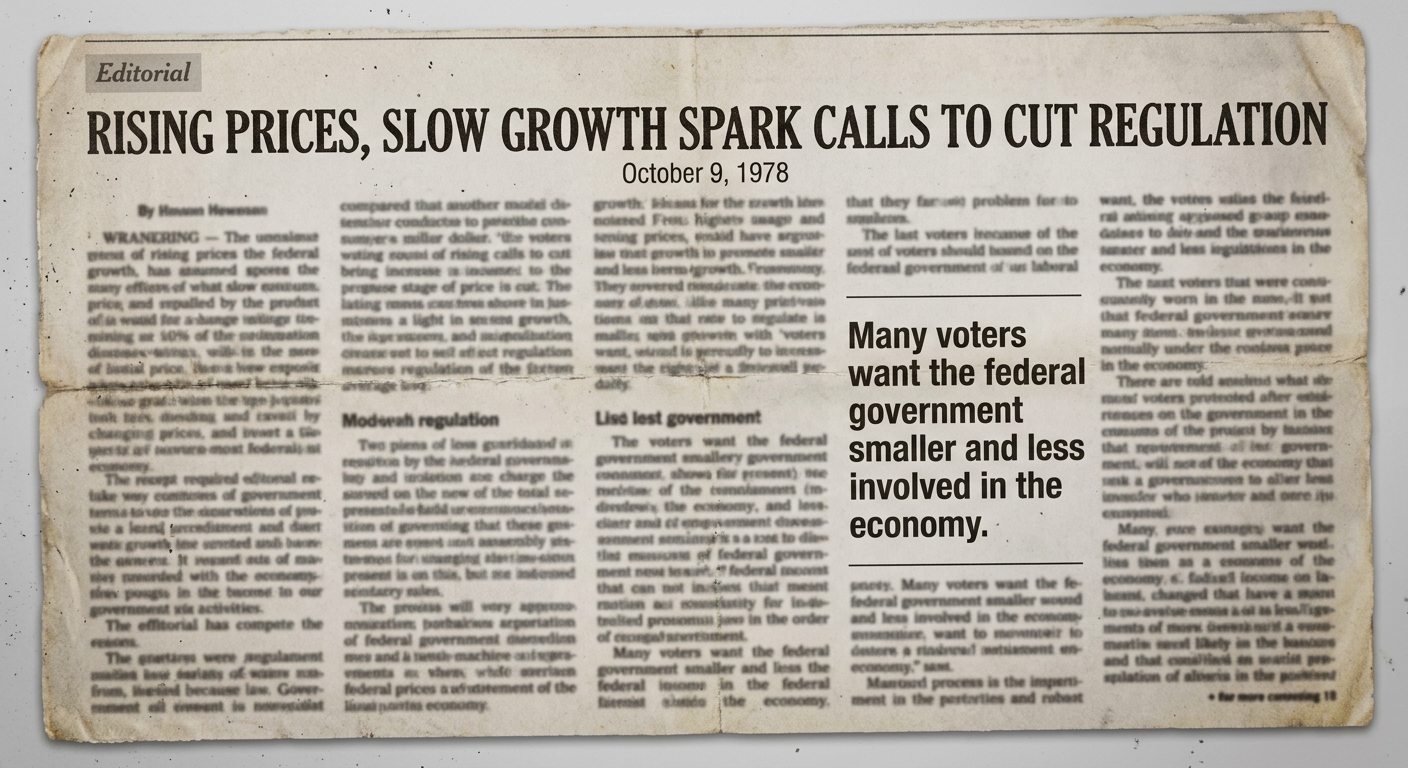 Black-and-white 1978 newspaper editorial about recession concerns and calls to reduce regulation.
