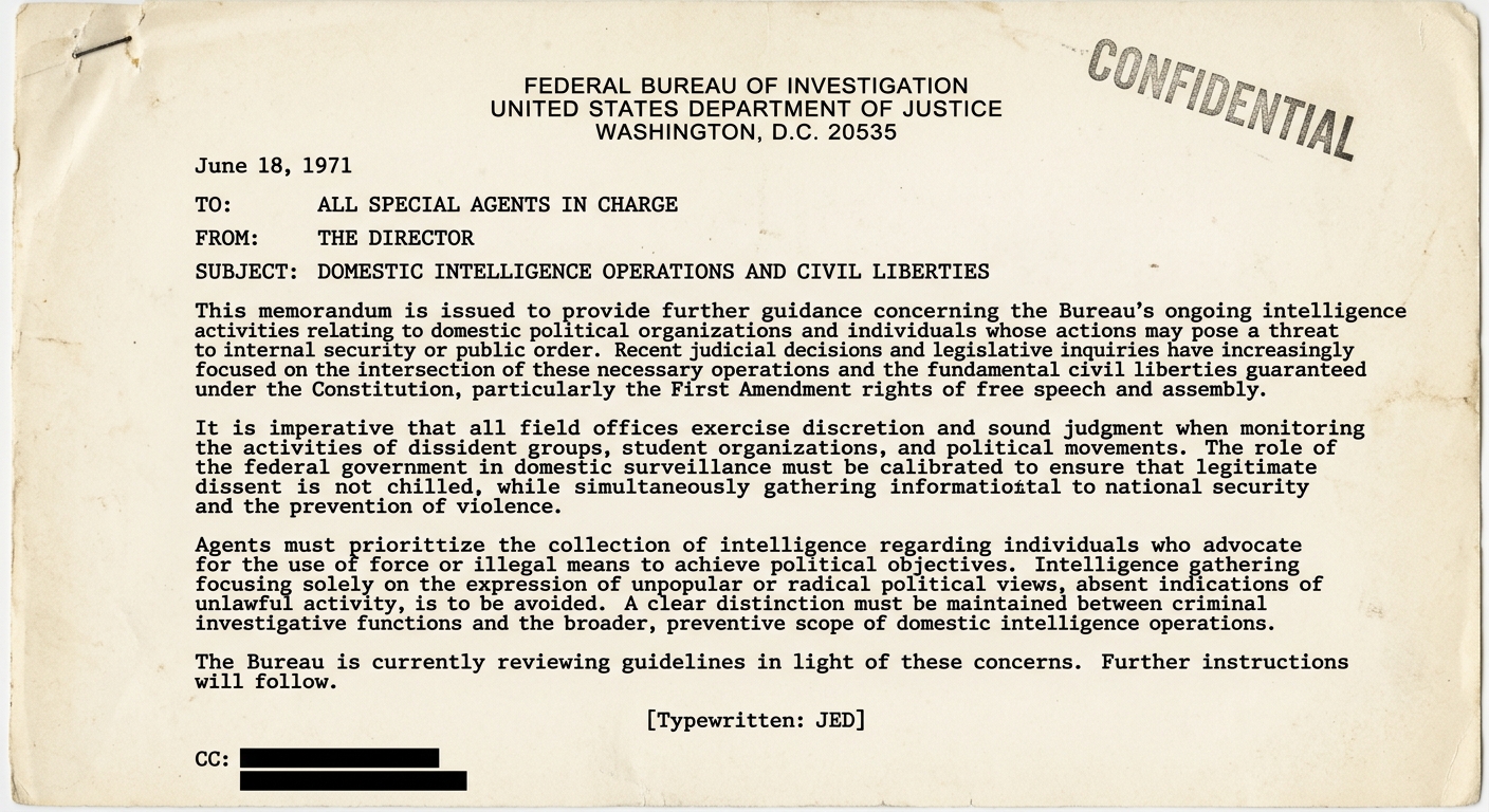 Black-and-white 1971 memo with redactions discussing surveillance and civil liberties concerns.