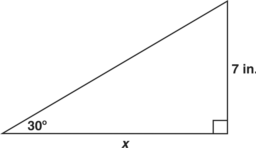 Right triangle with base labeled x, height 7 inches, and a 30-degree angle at the left end of the base.