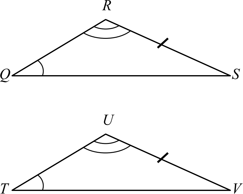 Triangles QRS and TUV with marked angles and sides