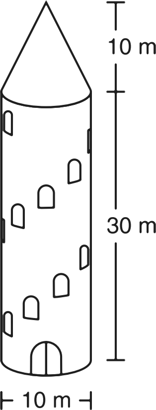 Tower shaped like a cone on top of a cylinder with dimensions 10 m radius and 30 m cylinder height and 10 m cone height