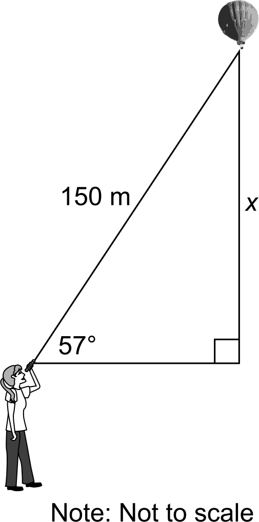 Right triangle from observer to hot air balloon with hypotenuse 150 m and angle of elevation 57 degrees, vertical leg labeled x