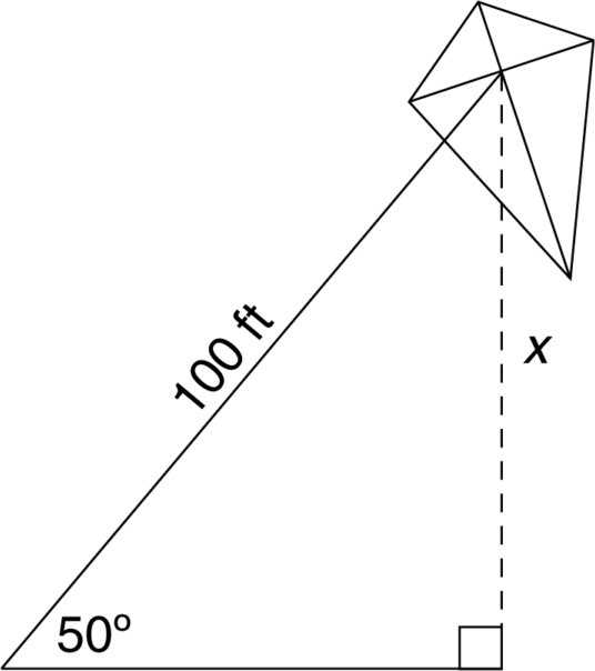 Right triangle showing a 100 ft kite string making a 50 degree angle with the ground and vertical height x.