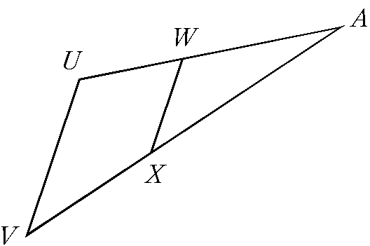 Figure showing points V, U, W, X, and A forming two intersecting segments with UV parallel to WX.