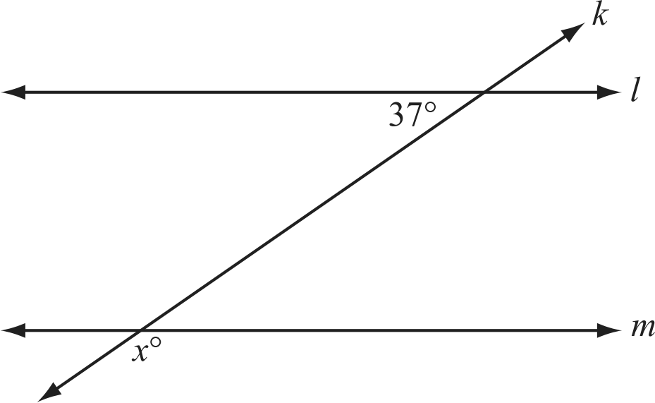 Two parallel lines l and m cut by transversal k with angles 37 degrees and x degrees