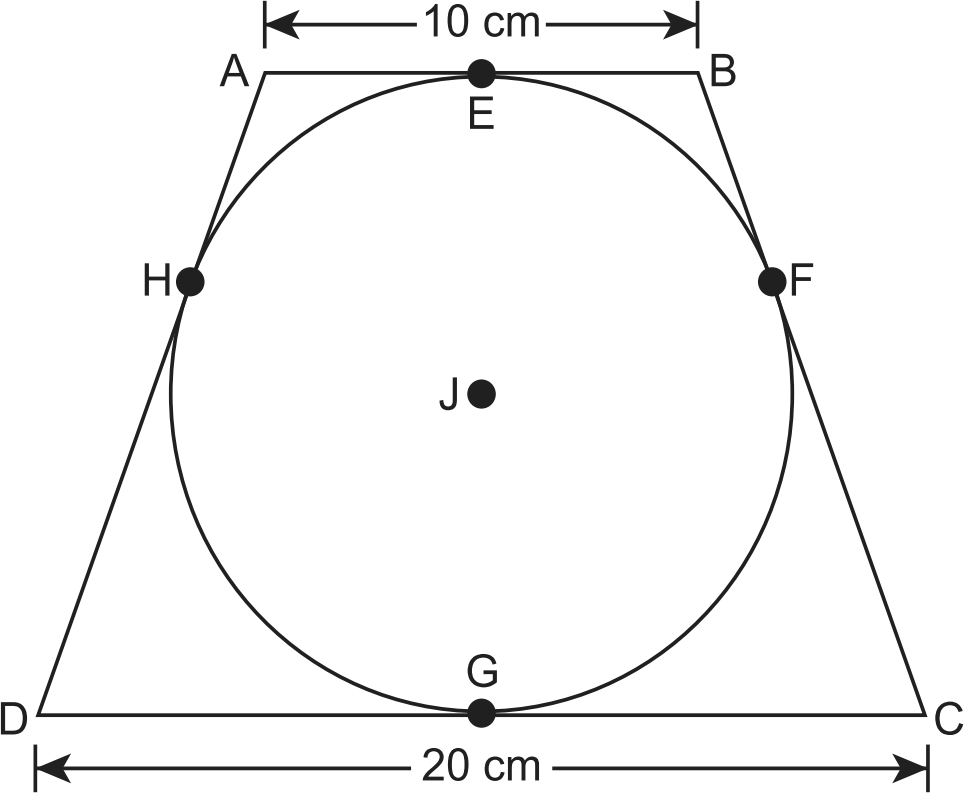 Circle J inscribed in isosceles trapezoid ABCD with tangency points E, F, G, and H.