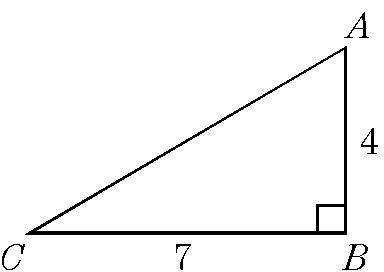 Right triangle ABC with AB = 4 and BC = 7