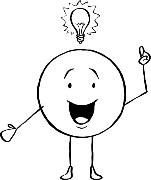 Smiling character with a lightbulb above its head.