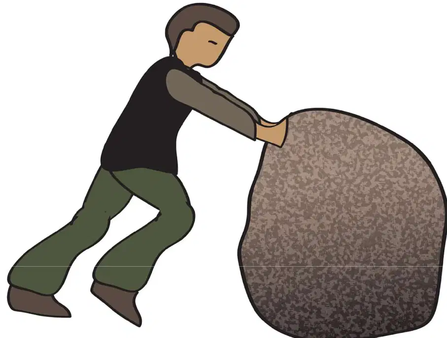 Person pushing a large rock