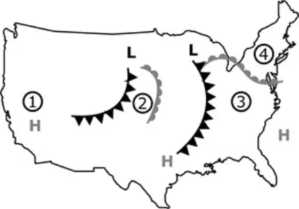 Weather map of the United States with fronts labeled 1, 2, 3, and 4