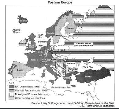 Map of Postwar Europe showing NATO and Warsaw Pact members