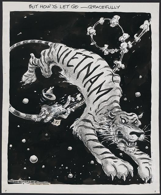 Political cartoon titled 'But How to Let Go Gracefully' showing a tiger labeled Vietnam