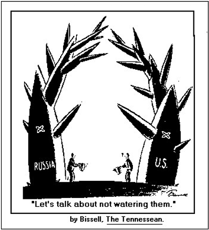Cartoon of two large missile-shaped trees labeled 'Russia' and 'U.S.' with two people holding watering cans beneath them, captioned 'Let's talk about not watering them.'