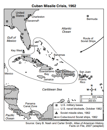 Map titled Cuban Missile Crisis, 1962, showing U.S. military bases, U.S. naval blockade, Soviet missile sites, and Cuba-bound Soviet ships in the Caribbean region.