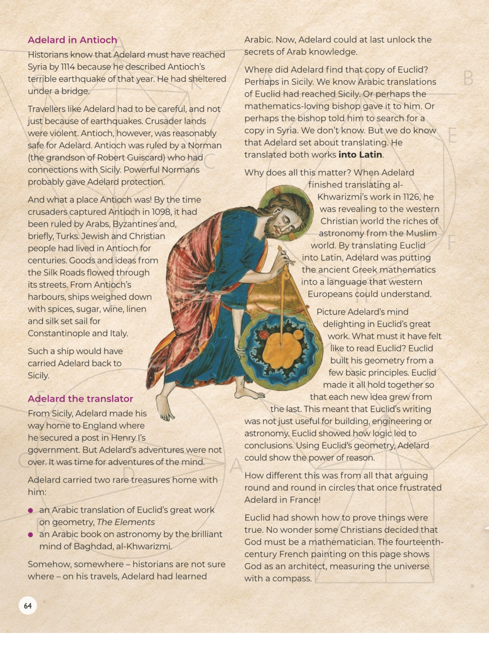 Medieval painting of a figure using a compass over the world