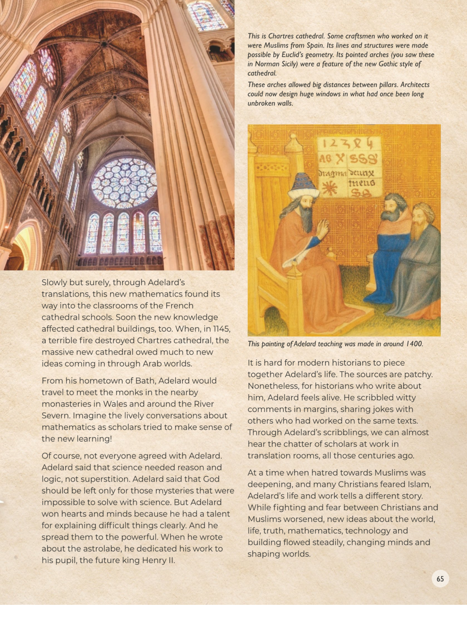 Images of Chartres cathedral interior and a medieval painting of Adelard teaching