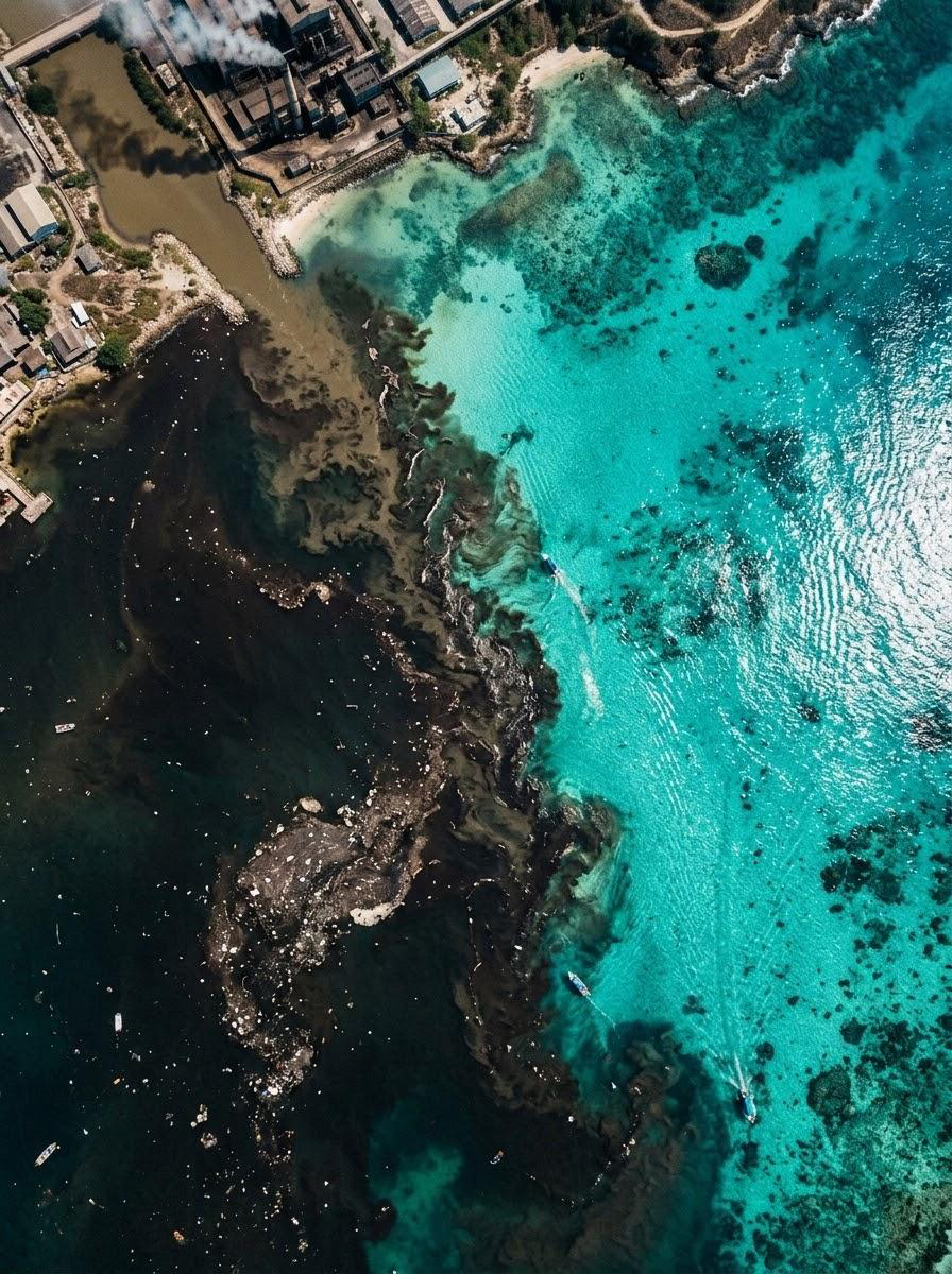 Aerial view of polluted coastal water showing dark contaminated areas mixing with clear blue water.