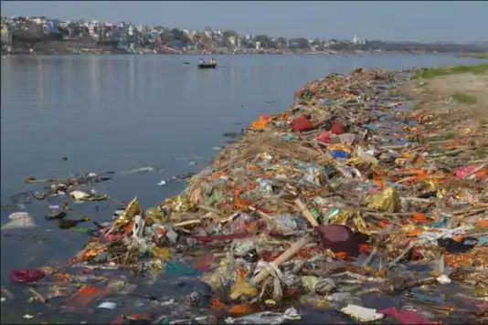 Solid waste dumped along a riverbank