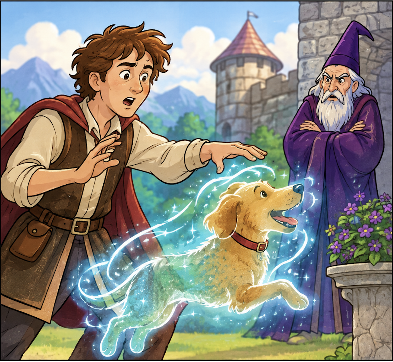 Illustration of a boy making a glowing dog appear while a robed man scowls in the background.